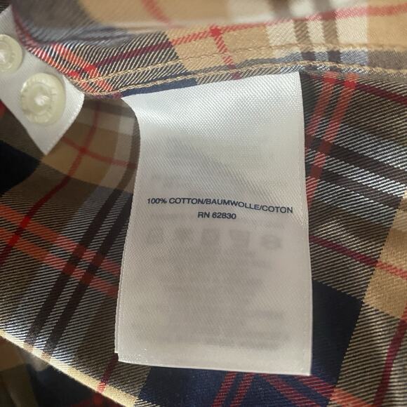 Lands End Button Up Shirt Men S Tan Blue Plaid Cotton No Iron Twill Preppy - Picture 4 of 4